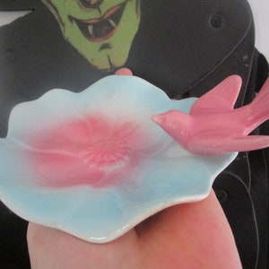 Vintage Royal Copley Retro Pink Bird /Pink Baby Blue   Lotus Flower Trinket Dish