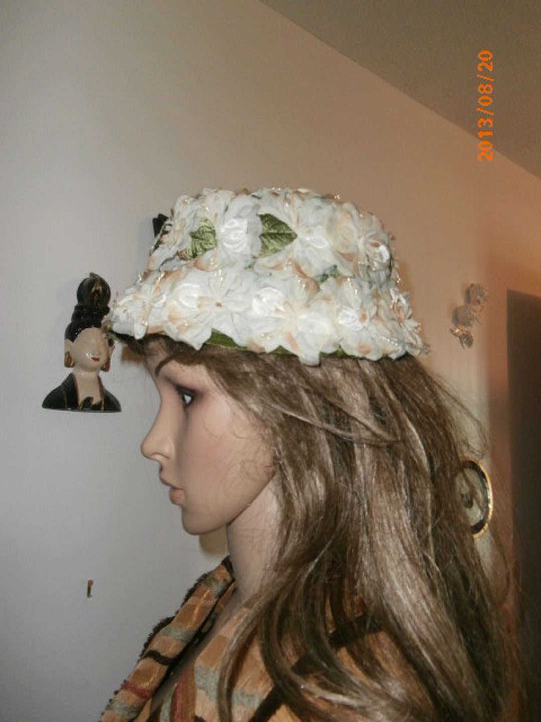 Womens Cream Beige- Green Floral MILLINERY Womens Vintage 