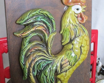 60's Farmhouse Decor Big Beautiful 3D  Rooster on Wood Plaque Country Wall Hanging