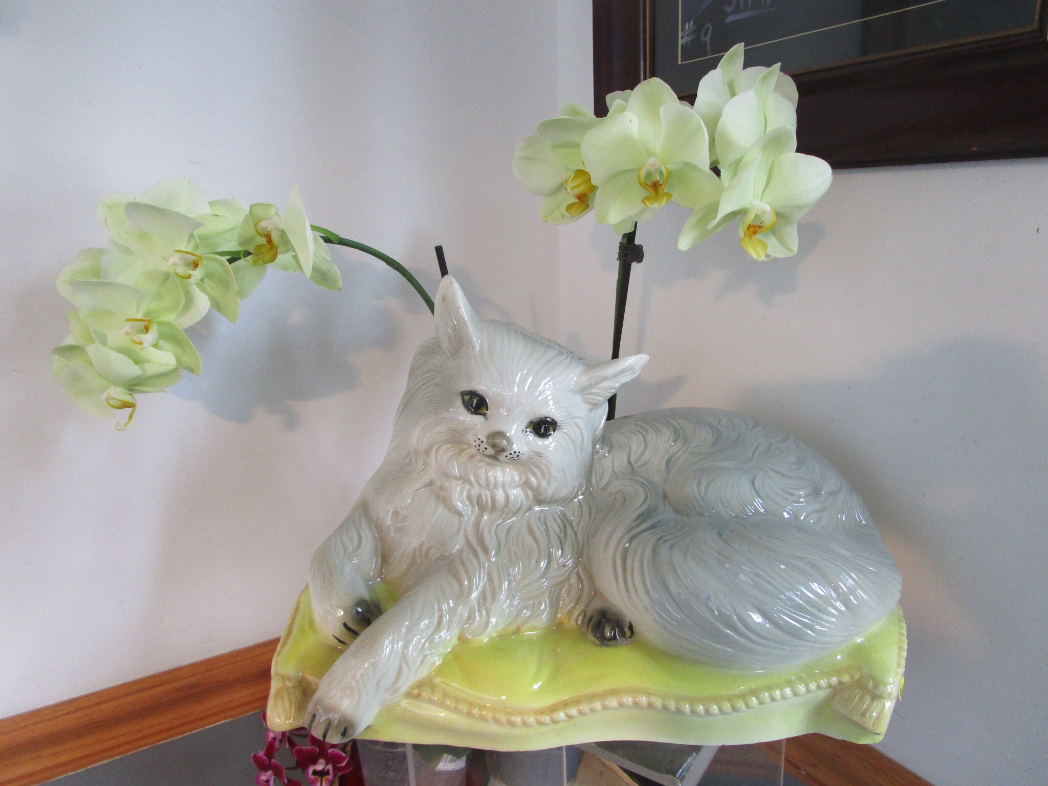 Vintage Large Ceramic Persian Gray Cat Sitting on Pillow Marked