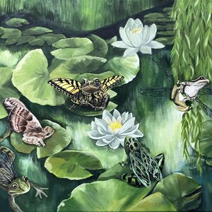May include: A painting of a whimsical pond scene with lily pads, water lilies, and frogs. A butterfly, a dragonfly, and a frog with wings are perched on the lily pads. The painting is done in a realistic style with vibrant colors.