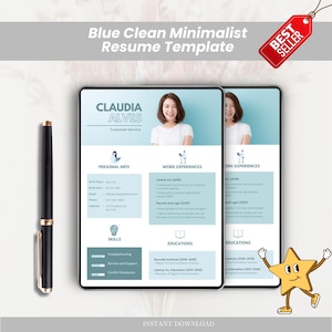 Blue Minimalist Resume Template, Clean Professional CV, Modern Resume Design, Editable Resume, Job Application Template, Job Resume Design