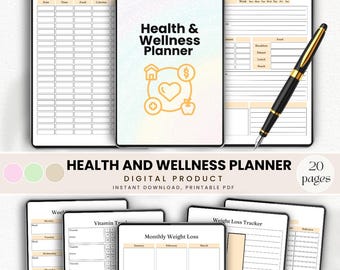 Health and Wellness Planner | Printable Wellness Tracker, Daily Goals & Habit Log | Digital Download for Health, Fitness, Self Care