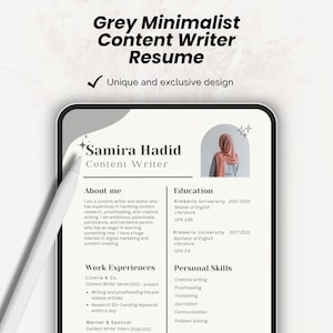 Grey Minimalist Content Writer Resume, Clean Professional CV, Modern Resume Design, Editable Resume, Job Application Template