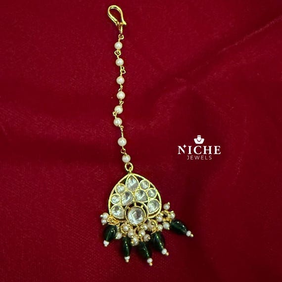 Gold Kundan Maang Tikka: Green Pearl Bridal Head Jewelry - Etsy display picture 3