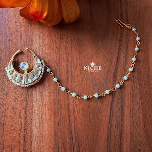 White Nose Ring/Gold Nath/Indian Nose Ring/Indian Jewelry/ Kundan Nose Ring /Bridal Nath/Kundan Noser Ring with pear chain/ Pressable