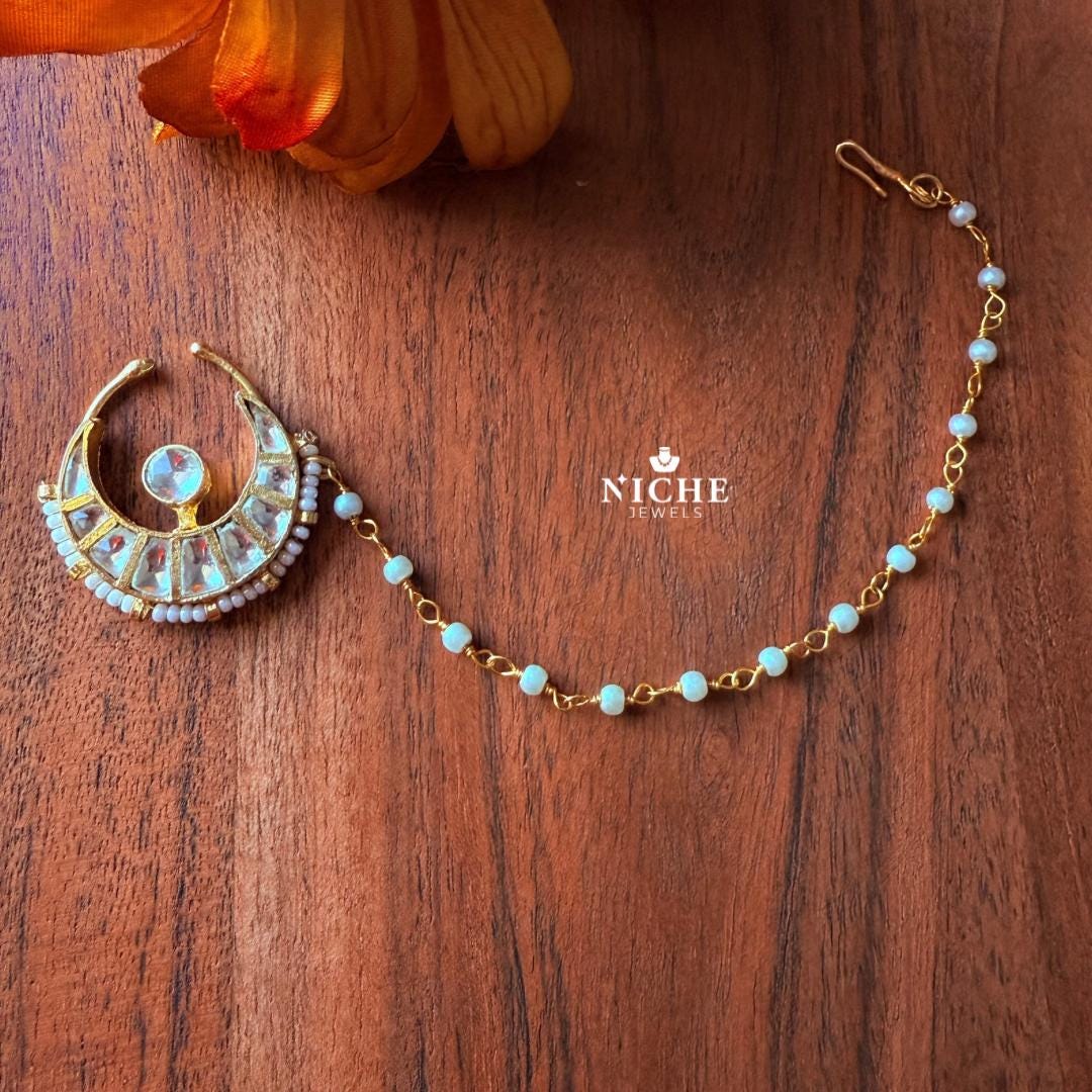 Kundan Bridal Nath: Indian Gold Nose Ring With Pearl Chain
