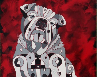 Bull Dog Art, Colorful Bull Dawg Art, Bull Dog, Home Decor, Dog Art Prints, White Bull Dog Red Background, Made in Georgia