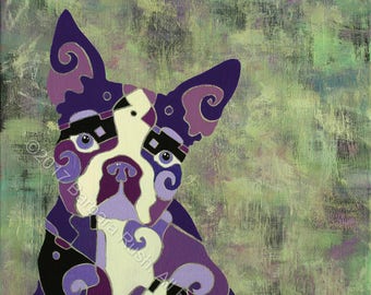 Boston Terrier Art, Whimsical Boston Terrier Art, Dog Art, Dog Portraits, Contemporary Boston Terrier Art,  Dog Gifts, Custom Dog Art,