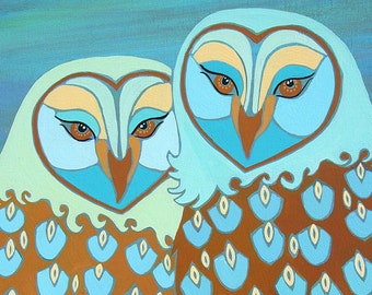Barred Owls, Original Owl Painting, Owl Couple Painting, Owl Painting, Teal and Brown Owl Painting