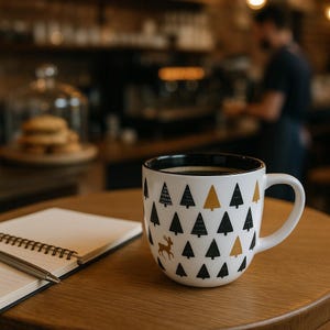 May include: A white ceramic mug filled with coffee, featuring a black rim and a handle. The mug is decorated with black and gold Christmas trees and a gold reindeer. A notebook and pen sit on a wooden table.