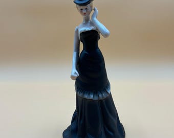 Vintage Porcelain Elegant Lady Figurine in Black Dress with Hat
