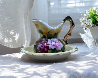 Vintage Enesco® Porcelain Mini Pitcher and Bowl Wash Basin Set w/Pink Roses E2359
