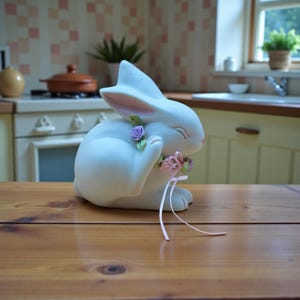 May include: A white ceramic bunny figurine with a floral collar and closed eyes. The bunny is seated on a wooden surface. The bunny has pink accents on its ears and a pink ribbon.