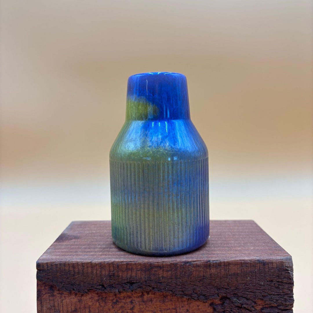 Vintage Ribbed Studio Pottery Bud Vase - Blue & Green Drip Glaze - Etsy