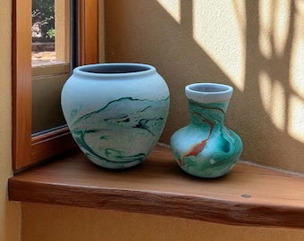 Pair of Vintage Nemadji Pottery Vases – Swirled Green, Blue & Orange Clay