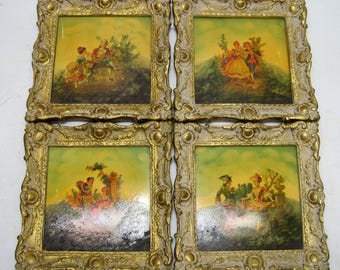 Set of 4 - VTG Miniature Painted Porcelain Framed Tiles Courting Couple French