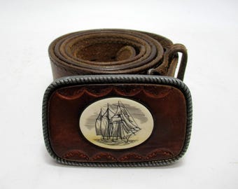 Vtg Brass Leather Belt Buckle Nautical Ship Ocean Maritime Inlay Retro W/belt 49