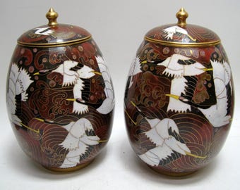Pair Chinese Cloisonné Lidded Ginger Jars Cranes in Flight Enamel Matching Set