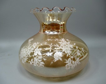 Vintage Iridescent Amber Glass Hurricane Lampshade Ruffle White Rose 6 3/4"
