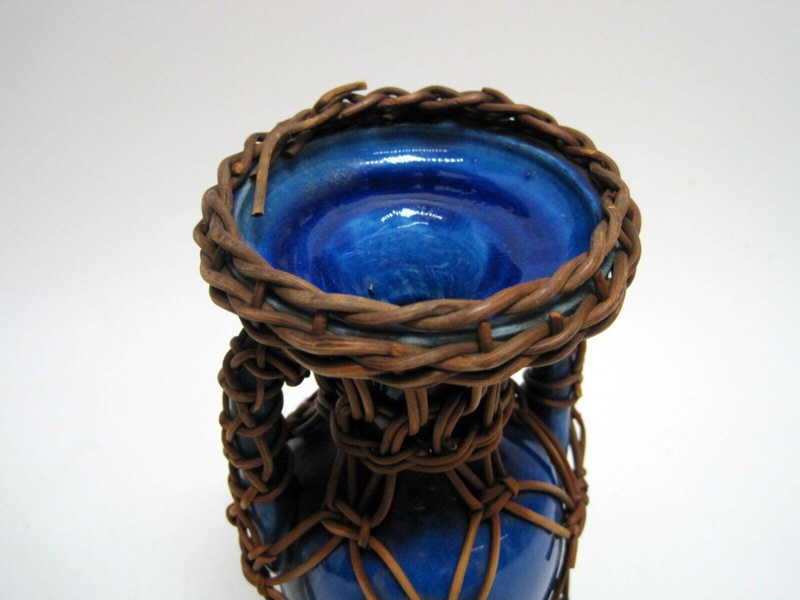 Vintage Awaji? Pottery Asian Cobalt Blue Bamboo Rattan Wrap 7” Vase - Etsy
