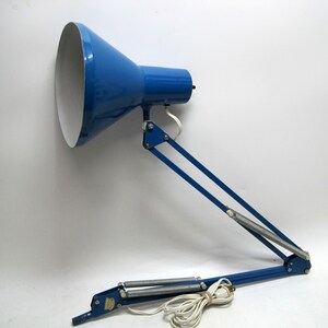Vintage Swing Arm Extending Drafting Desk Lamp Blue MCM Cone Bullet