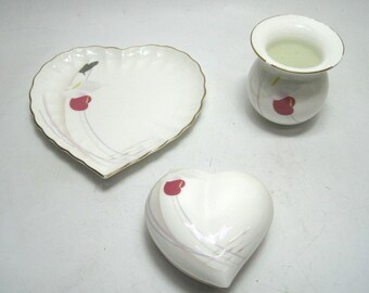 Vintage Mikasa Trinket Box/Plate/Vase Bone China Heart Shaped Anthurium Floral