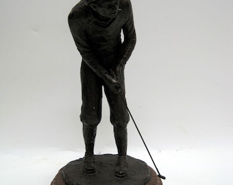 Vintage Sculpture 1987 Michael Garman Golfing Man Resin on Wooden