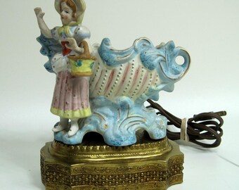 Vintage 1950s Bisque Girl W/Basket Figurine Planter TV Lamp W/Metal Stand