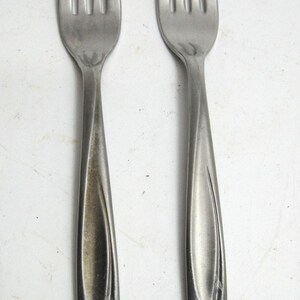 May include: Two stainless steel forks with four tines each. The handles have a curved design with a decorative etched pattern. The forks are set against a white background, showcasing their polished, metallic appearance.