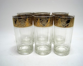 CULVER Tyrol Gold Encrusted Band Highball Glasses MCM Tumblers Set of 6 Vintage