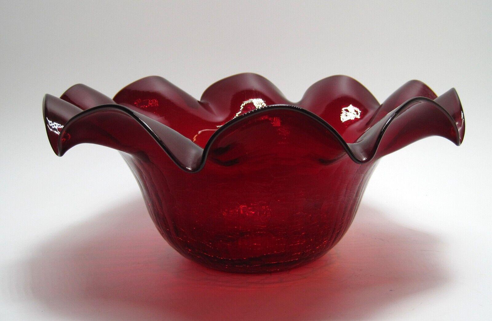 Vintage Blenko Large Bowl 12” Ruffled-Edge Fluted Ruby Crackle Glass