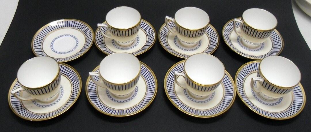 Set of 7 - Minton Tiffany & Co Cobalt Blue Stripe Gold Demitasse