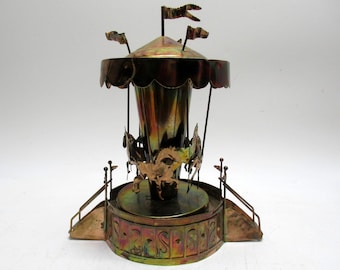 Tin Copper Finish Rotating Horses Carousel Music Box 60’s Sankyo Hong Kong Vtg