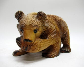 Vintage Hokkaido Ainu Folk Art Wood Carved Bear With Salmon Sculpture 7" x 5"