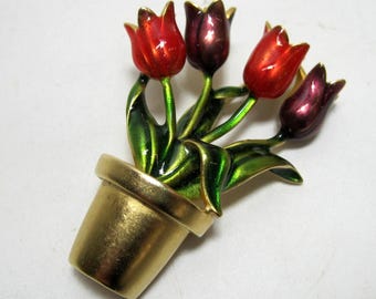 Vintage Enamel on Matte Gold Tone Tulip Flower Pot Brooch, Pin