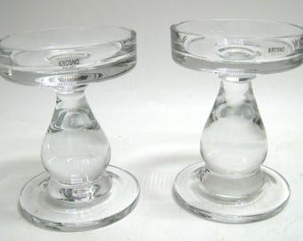 Set of 2 -Krosno Poland Clear Art Glass Pedestal Pillar Candle Holders MCM 4.75"