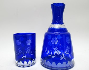 Vintage Cobalt Blue Cut To Clear Crystal Carafe Tumbler and Decanter 8"