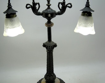 Meyda 28" Two Arm Lamp W/Fleur de Lise Shades Onyx Stone & Bronze