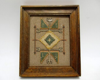 Vtg Sioux Indian Battle Design Sand Art Rainbow Way Albuquerque NM Wood 7" x 6"