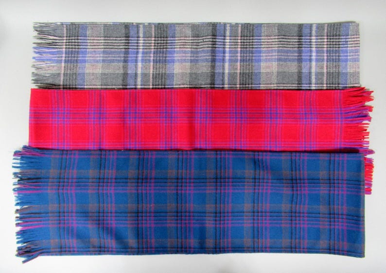 VTG Pendleton Trio of Gray Red & Blue Plaid Scarfs Virgin Wool 60" x 9"inch zdjęcie 1