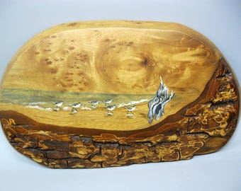 Oregon Myrtle Wood Hand Painted Sandpipers & Beach Crafted Wall Art Plaque Decor