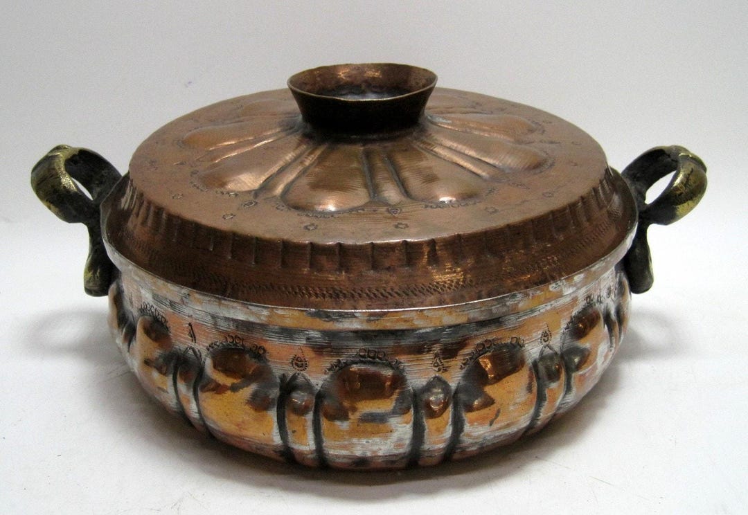 VTG Kashmiri Tinned Copper Rice Bowl With Lid Serving Bowl Brass ...
