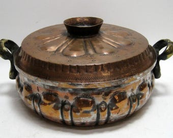 VTG Kashmiri Tinned Copper Rice Bowl with Lid Serving Bowl Brass Handles 11"