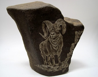 Etching on Stone Bighorn Ram Sheep Signed Folk Art 7" Tall