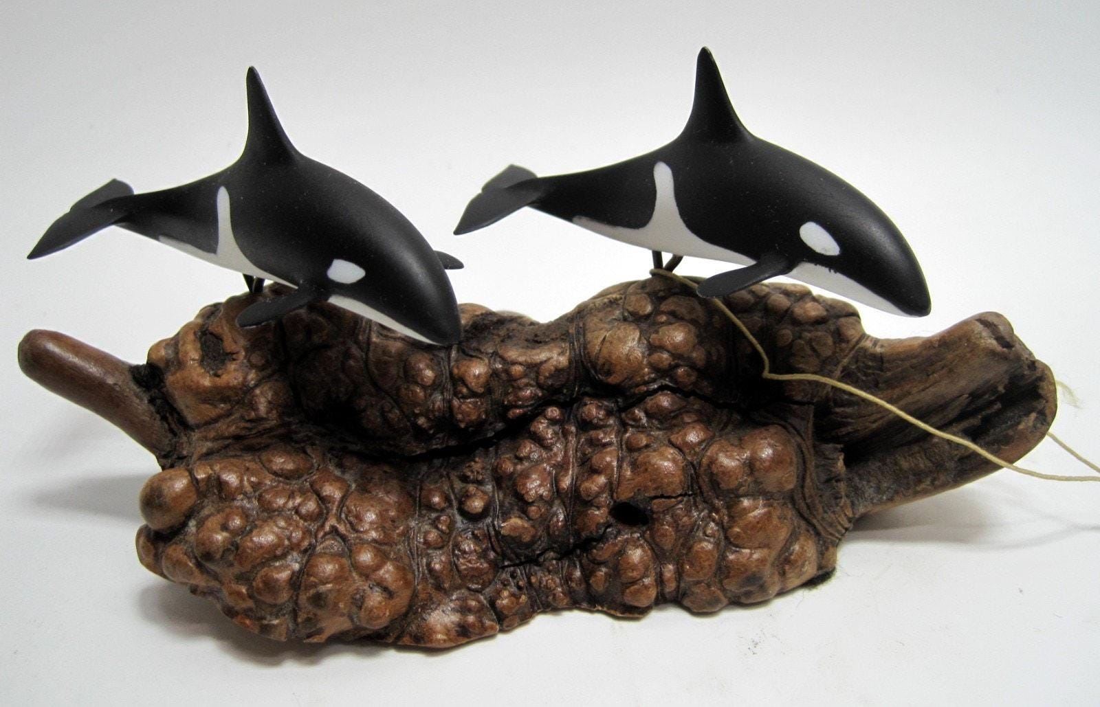 John Rey Orca John Perry Orca Whales Burlwood Sculpture Figurine Statue 6” Nautical ...
