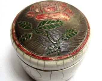 Signed Raku Art Studio Pottery Covered Trinket Dish W/Rose Designs