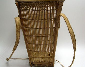 VTG Wicker Wood Fishing Basket Woven w/ Backpack Straps