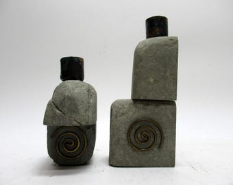 Vtg Maris Taylor Designs Candleholders (2) Stone/Copper Design Spiral Postmodern
