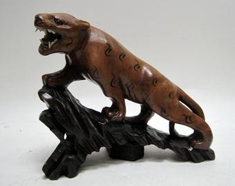 Antique Wood Carved Chinese Tigers Statue Redwood Vintage Glass Eyes Asian RARE